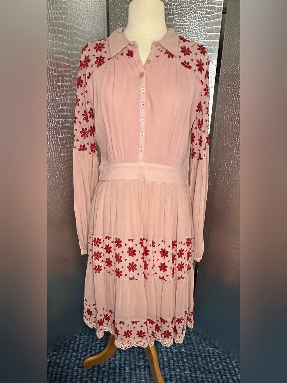 ByTimo Womens Pink Floral Embroidered Boho Dress Balloon Sleeves Size Large